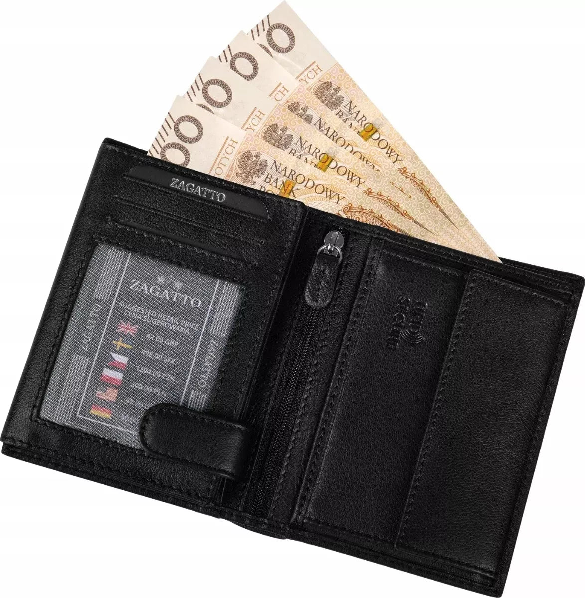 Vyriška odinė vertikali piniginė, juoda, elegantiška, su RFID kortelių apsauga ZAGATTO