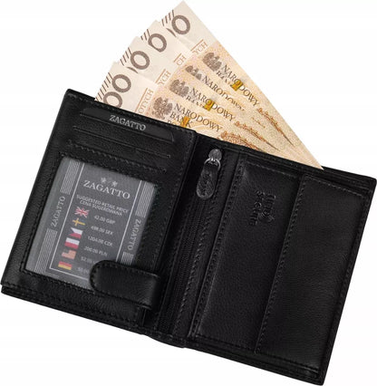 Vyriška odinė vertikali piniginė, juoda, elegantiška, su RFID kortelių apsauga ZAGATTO