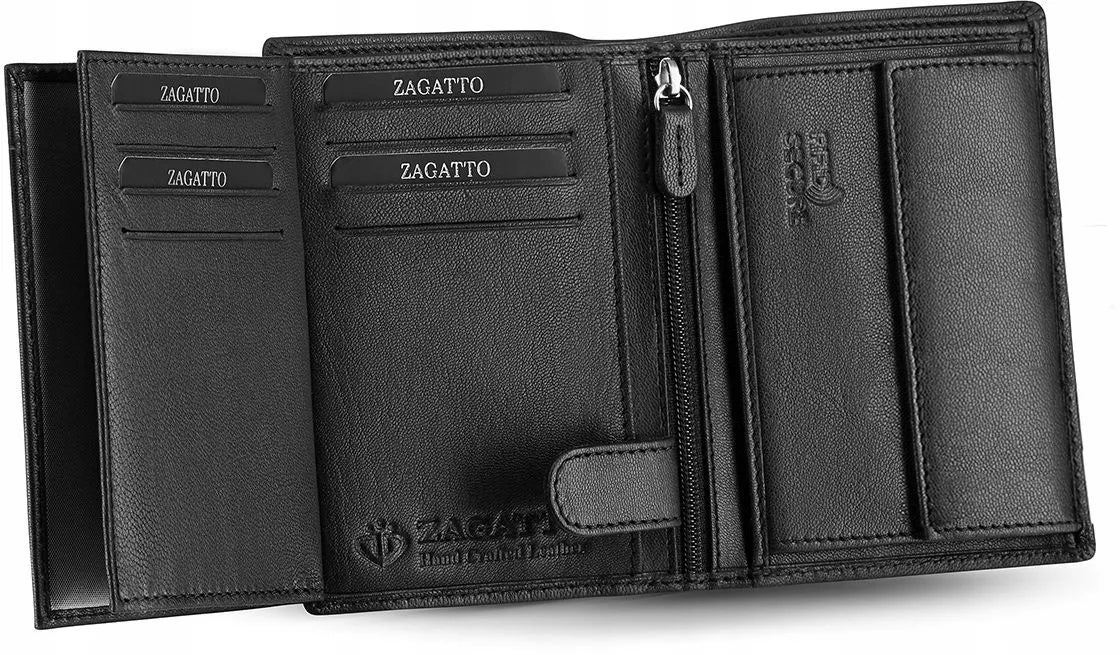 Vyriška odinė vertikali piniginė, juoda, elegantiška, su RFID kortelių apsauga ZAGATTO