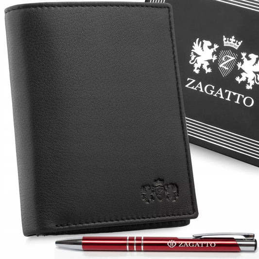 Vyriška odinė vertikali piniginė, juoda, elegantiška, su RFID kortelių apsauga ZAGATTO