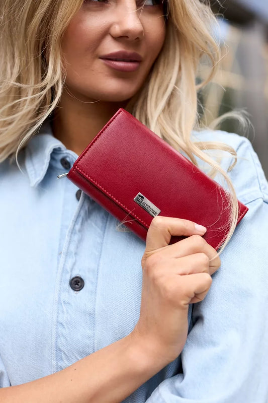 Odinė moteriška piniginė RFiD, oda kortelėms, klasikinė, didelė, raudona Beltimore