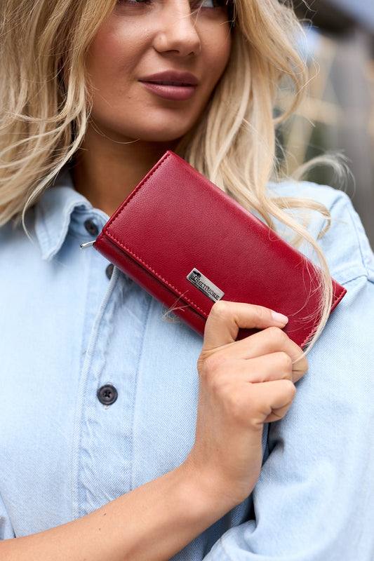 Odinė moteriška piniginė RFiD, oda kortelėms, klasikinė, didelė, raudona Beltimore