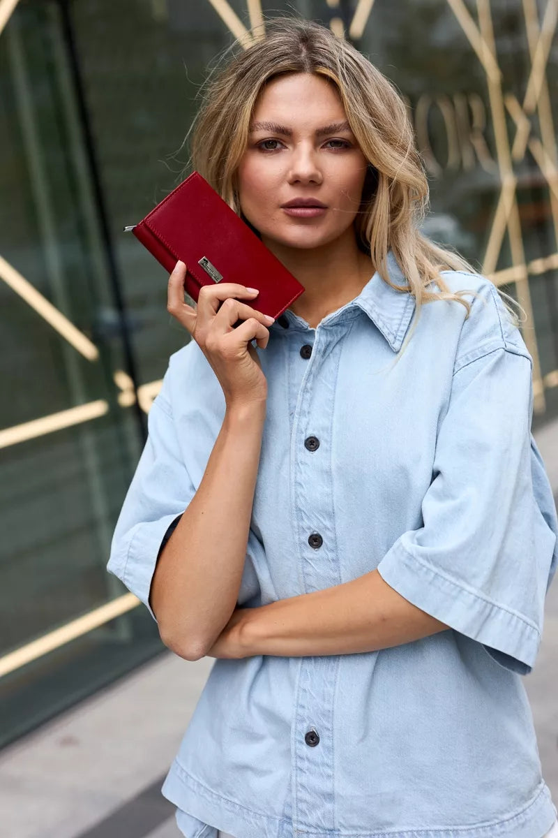 Odinė moteriška piniginė RFiD, oda kortelėms, klasikinė, didelė, raudona Beltimore