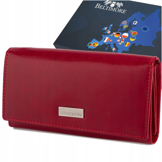 Odinė moteriška piniginė RFiD, oda kortelėms, klasikinė, didelė, raudona Beltimore