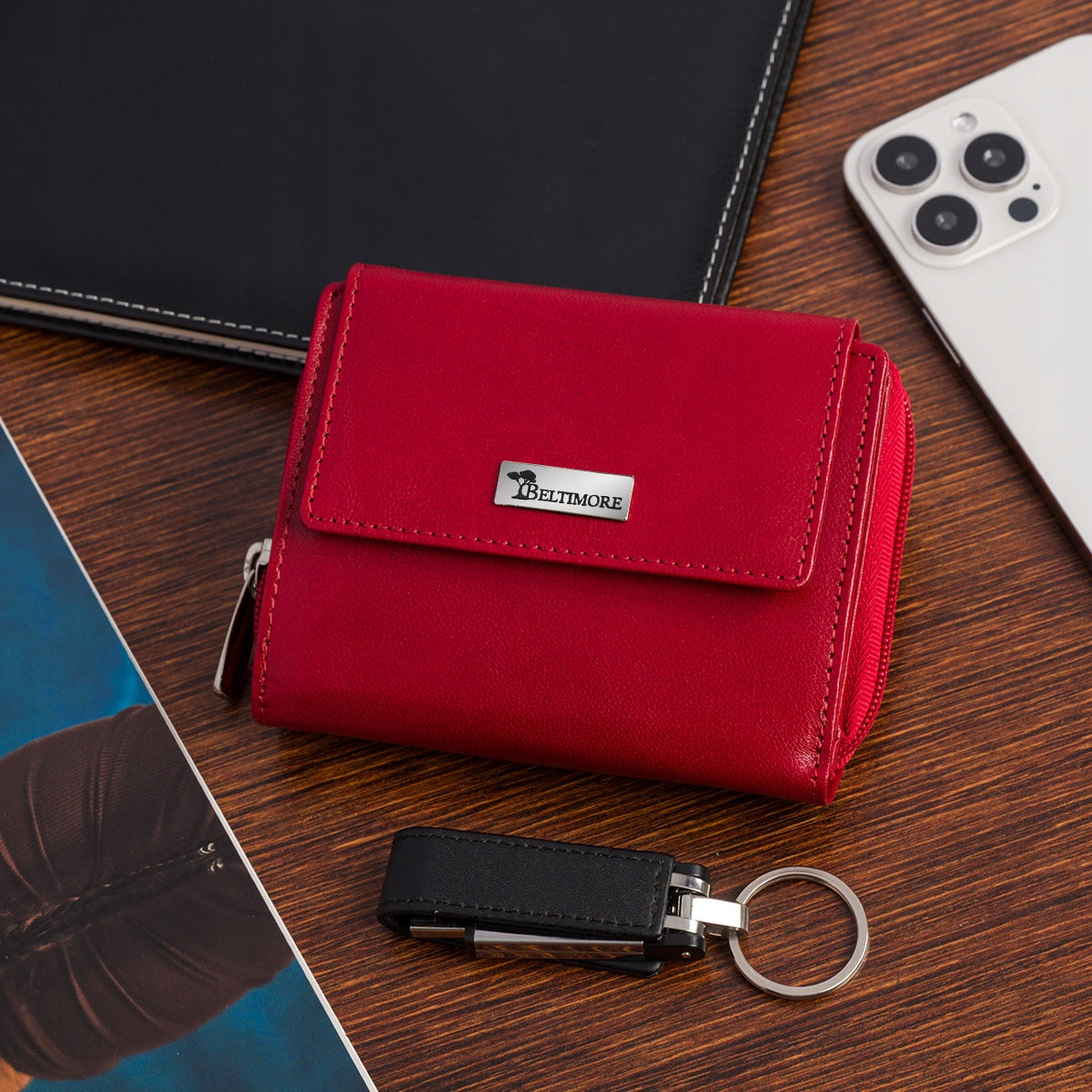 Moteriška odinė piniginė su RFiD apsauga, skirta kortelėms, klasikinė, graži, raudona Beltimore