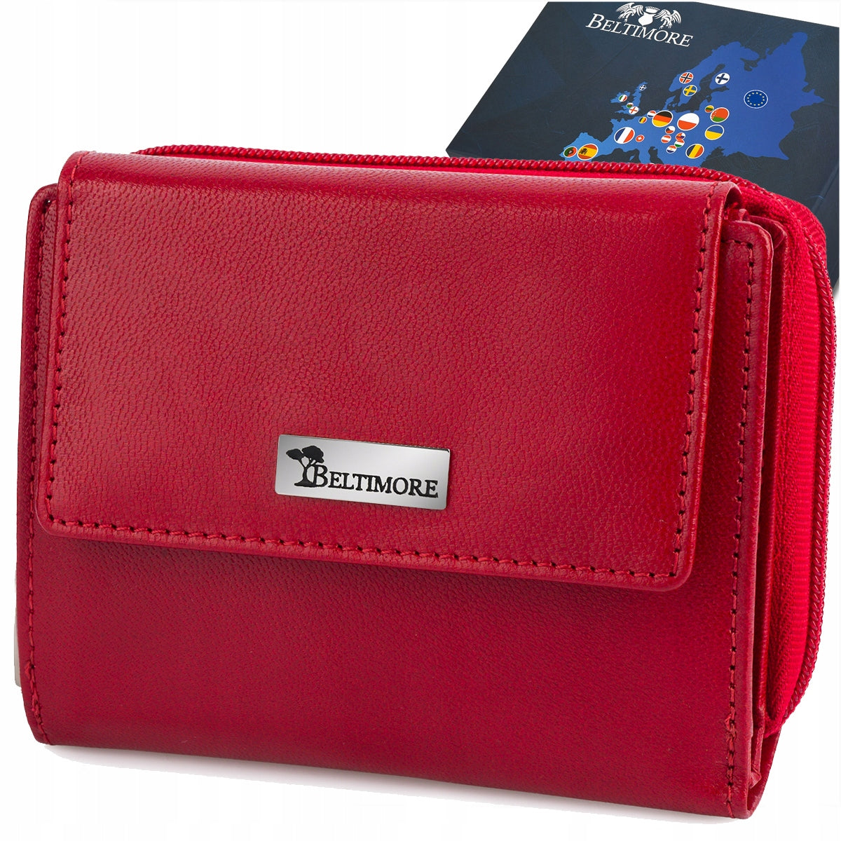 Moteriška odinė piniginė su RFiD apsauga, skirta kortelėms, klasikinė, graži, raudona Beltimore