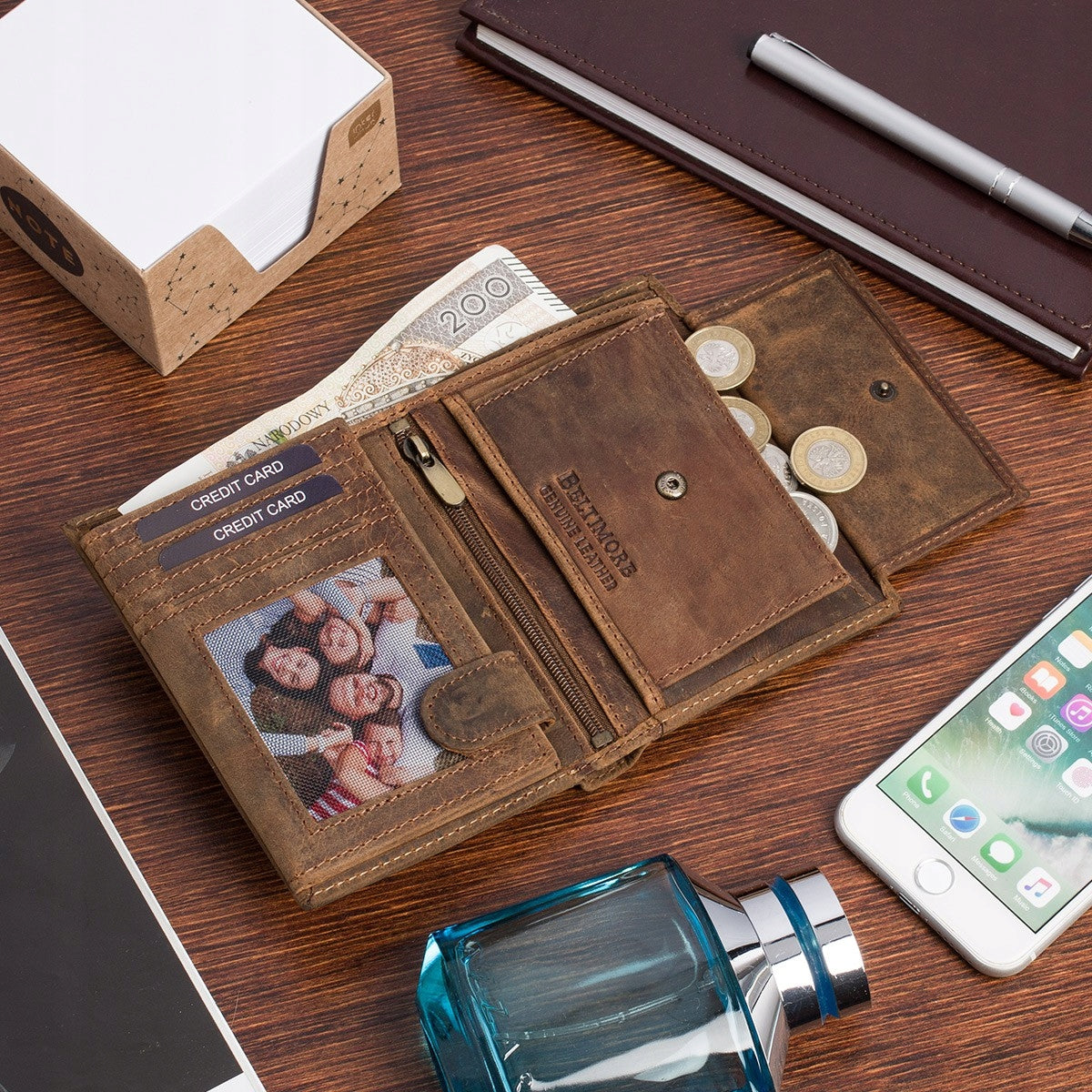 Vyriška odinė piniginė, ruda, nubukas, oda, TIR RFiD, Beltimore, vertikali