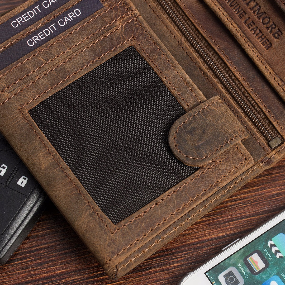 Vyriška odinė piniginė, ruda, nubukas, oda, TIR RFiD, Beltimore, vertikali