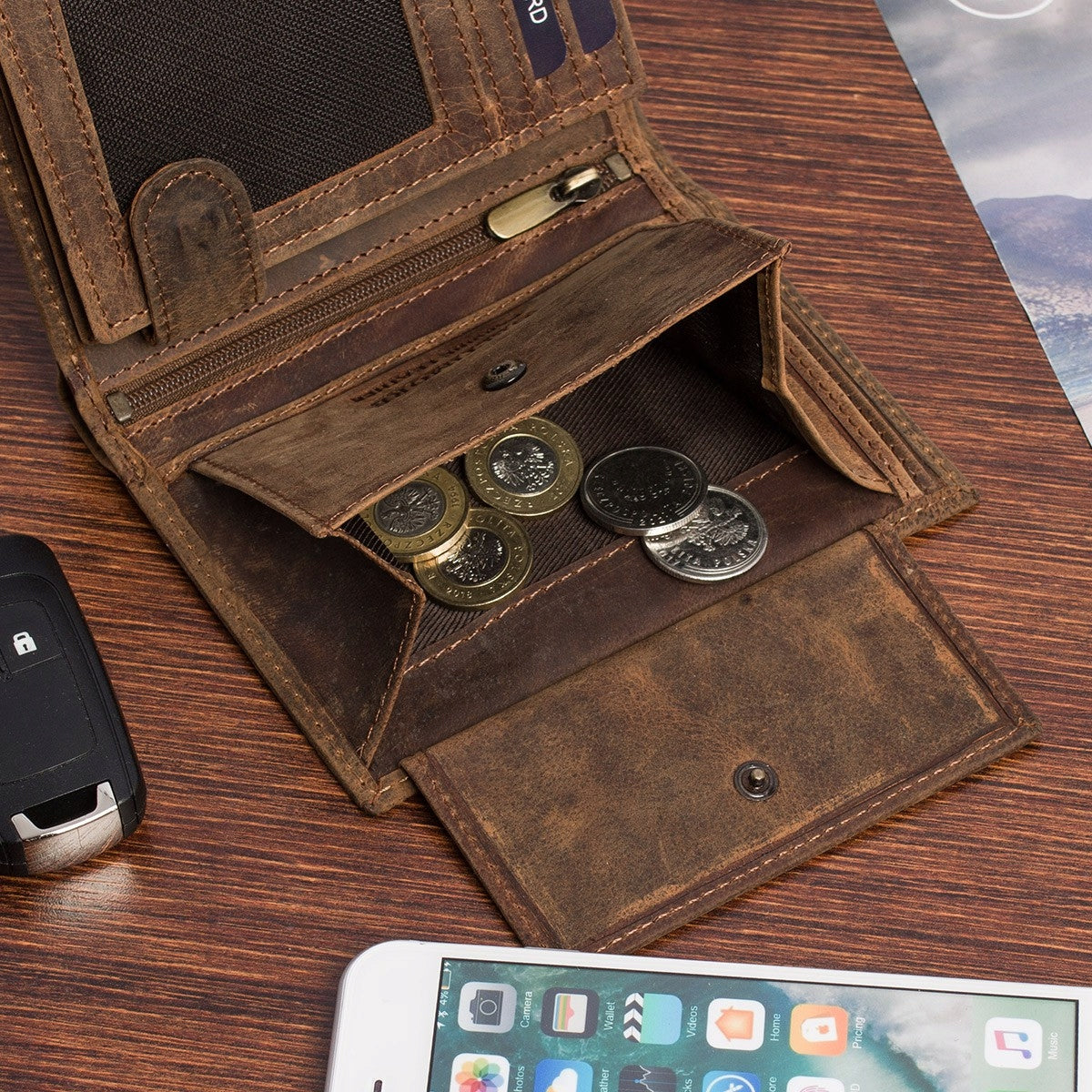 Vyriška odinė piniginė, ruda, nubukas, oda, TIR RFiD, Beltimore, vertikali