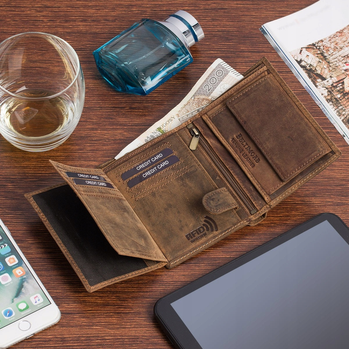 Vyriška odinė piniginė, ruda, nubukas, oda, TIR RFiD, Beltimore, vertikali