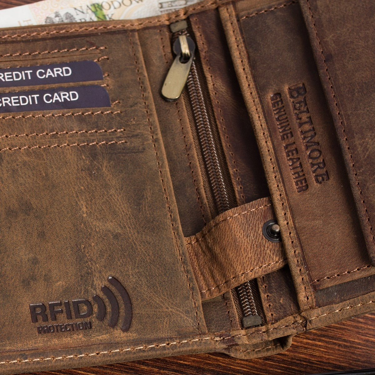 Vyriška odinė piniginė, ruda, nubukas, oda, TIR RFiD, Beltimore, vertikali