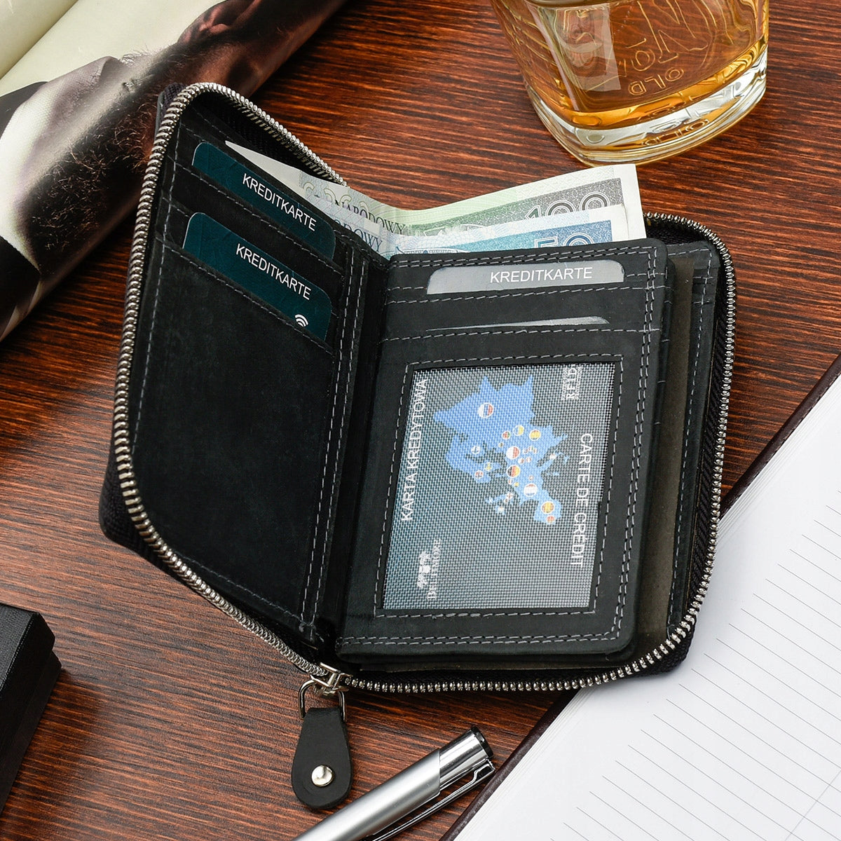 Vyriška odinė piniginė juoda RFiD vertikali didelė užsegama nubukas Beltimore