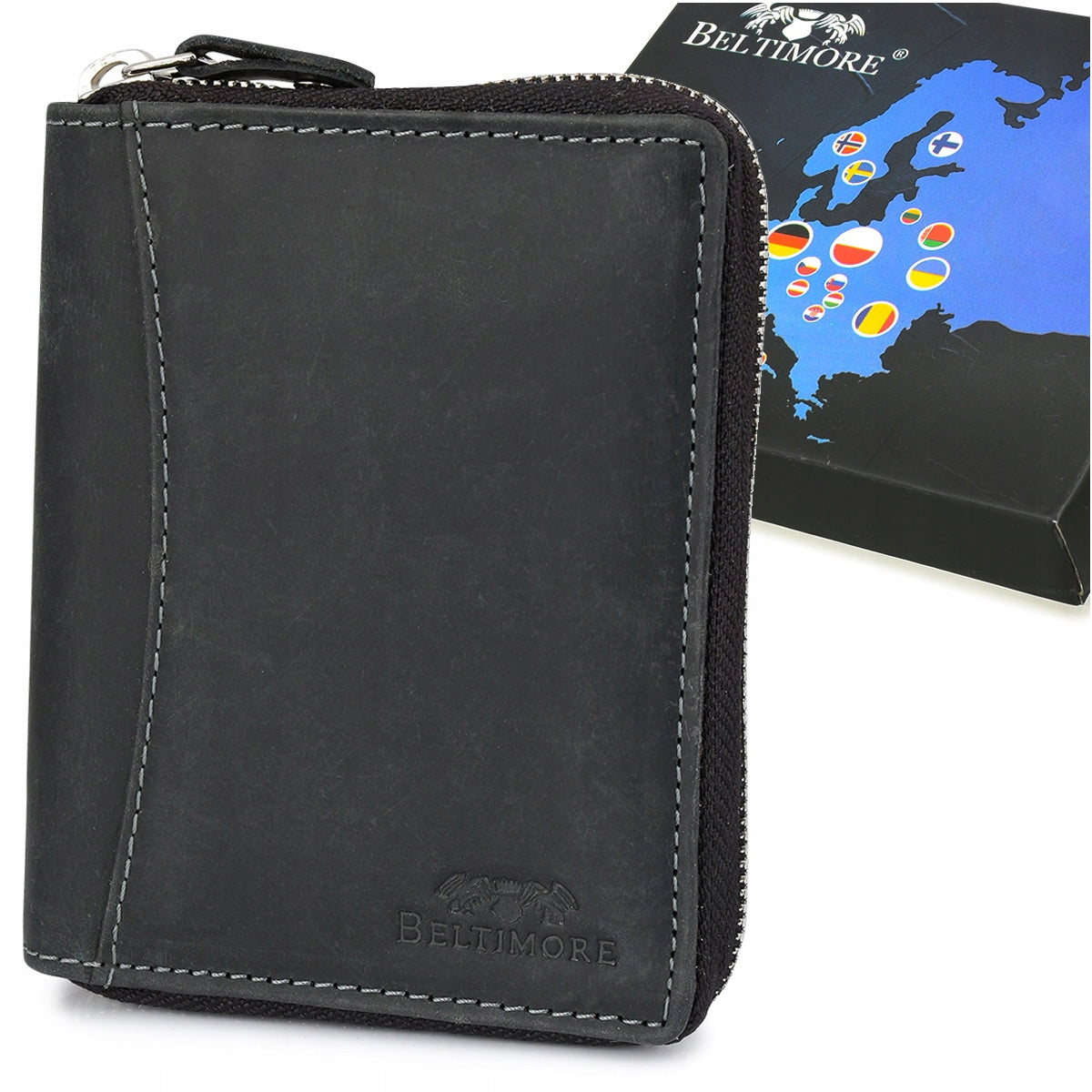 Vyriška odinė piniginė juoda RFiD vertikali didelė užsegama nubukas Beltimore