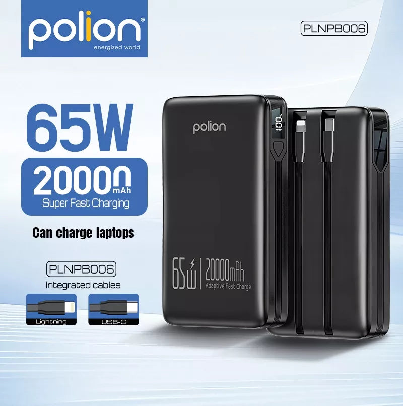 Powerbank 20000mAh greitas įkrovimas 65W telefonas nešiojamasis kompiuteris USB-C PD QC POLION