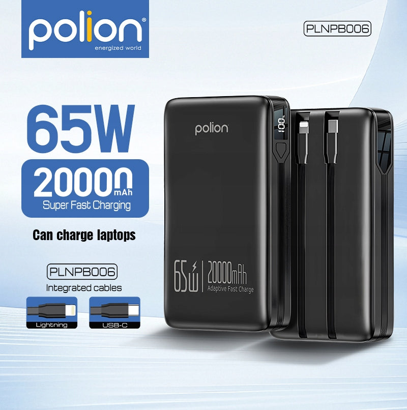 Powerbank 20000mAh greitas įkrovimas 65W telefonas nešiojamasis kompiuteris USB-C PD QC POLION
