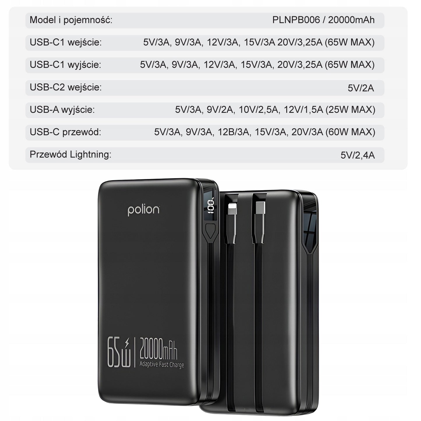 Powerbank 20000mAh greitas įkrovimas 65W telefonas nešiojamasis kompiuteris USB-C PD QC POLION