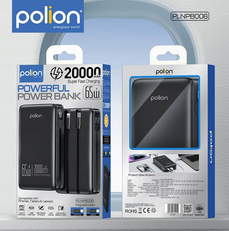 Powerbank 20000mAh greitas įkrovimas 65W telefonas nešiojamasis kompiuteris USB-C PD QC POLION