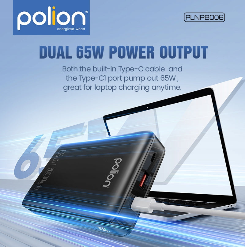 Powerbank 20000mAh greitas įkrovimas 65W telefonas nešiojamasis kompiuteris USB-C PD QC POLION