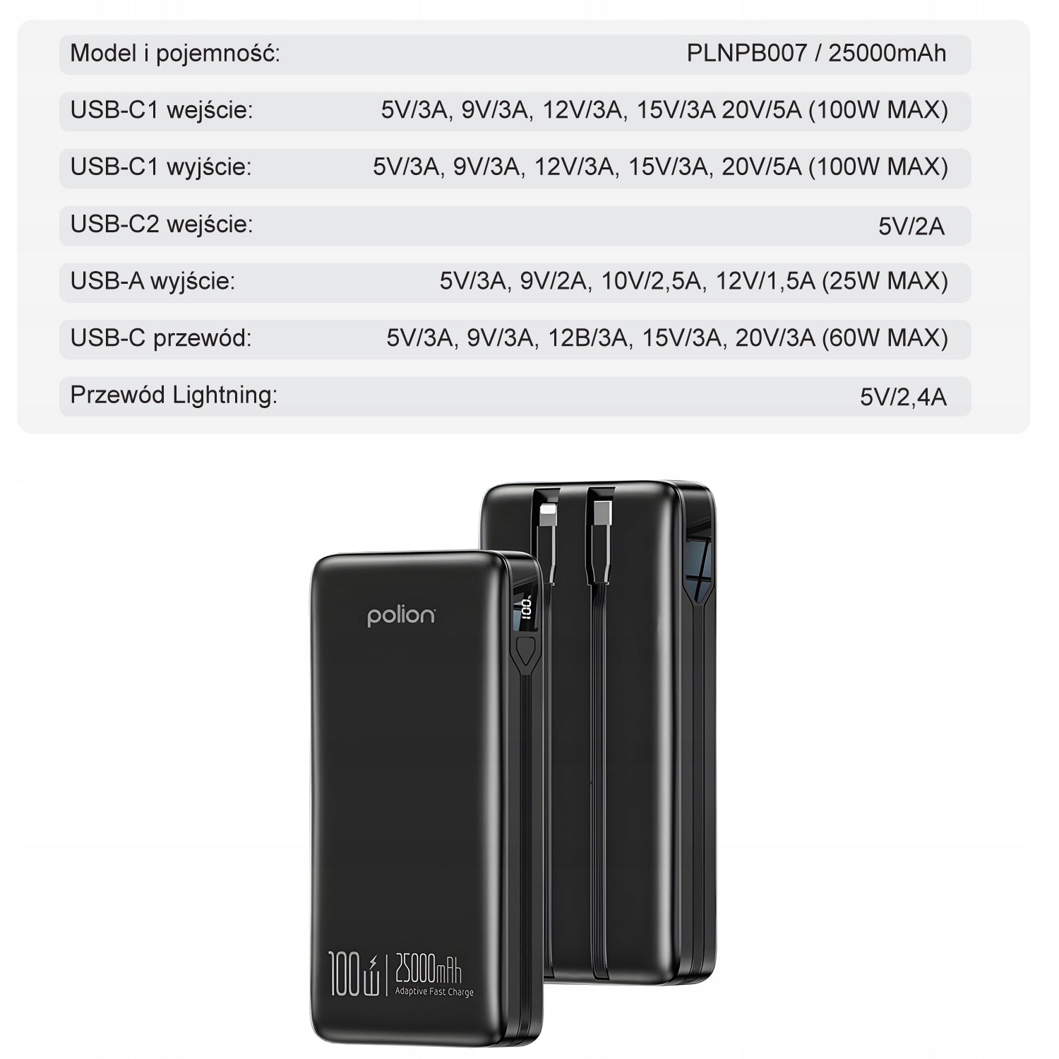 Powerbank 25000mAh greitas įkrovimas 100W telefonui, nešiojamam kompiuteriui USB-C PD QC POLION