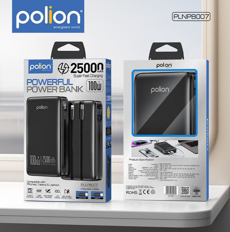 Powerbank 25000mAh greitas įkrovimas 100W telefonui, nešiojamam kompiuteriui USB-C PD QC POLION