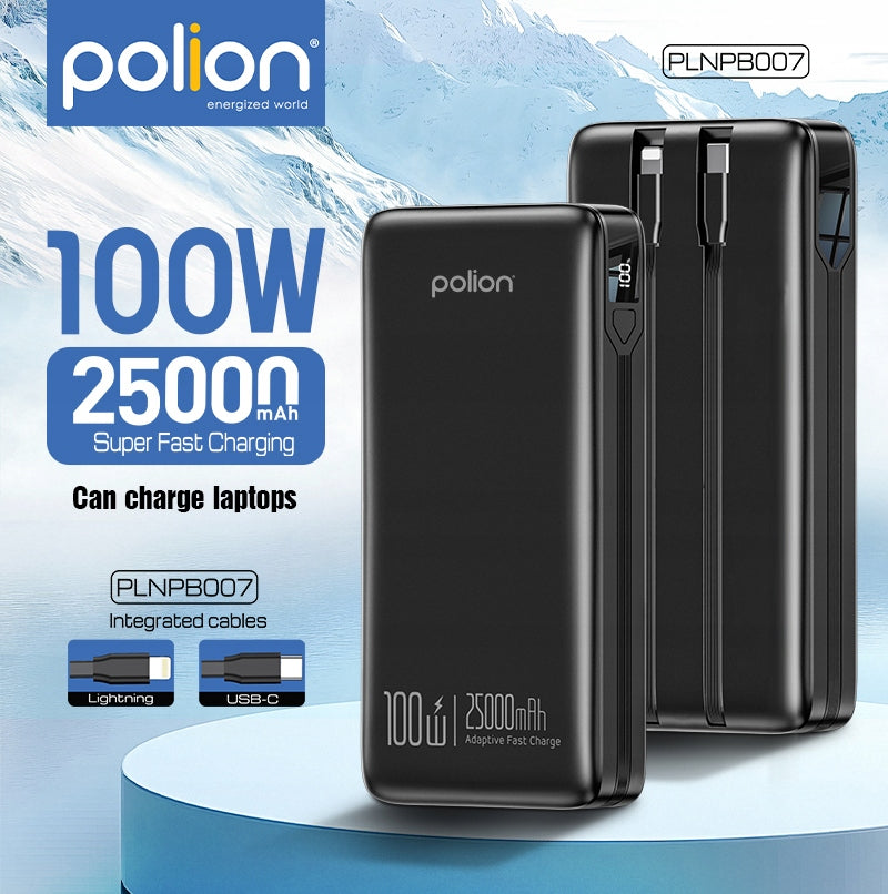Powerbank 25000mAh greitas įkrovimas 100W telefonui, nešiojamam kompiuteriui USB-C PD QC POLION