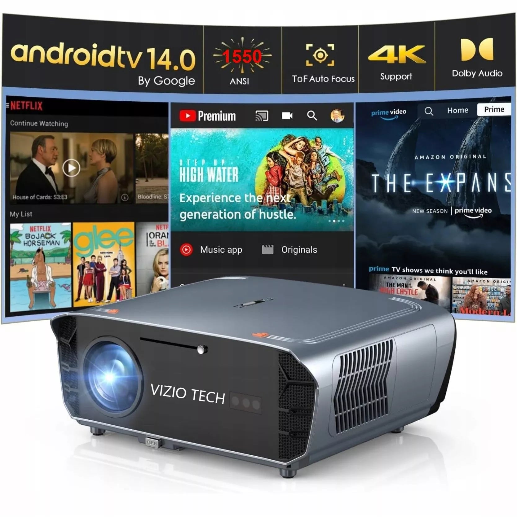 Projektorius VIZIO TECH A9G 1550Ansi AndroidTV 14FullHD 4K Dolby WIFI 6 BT