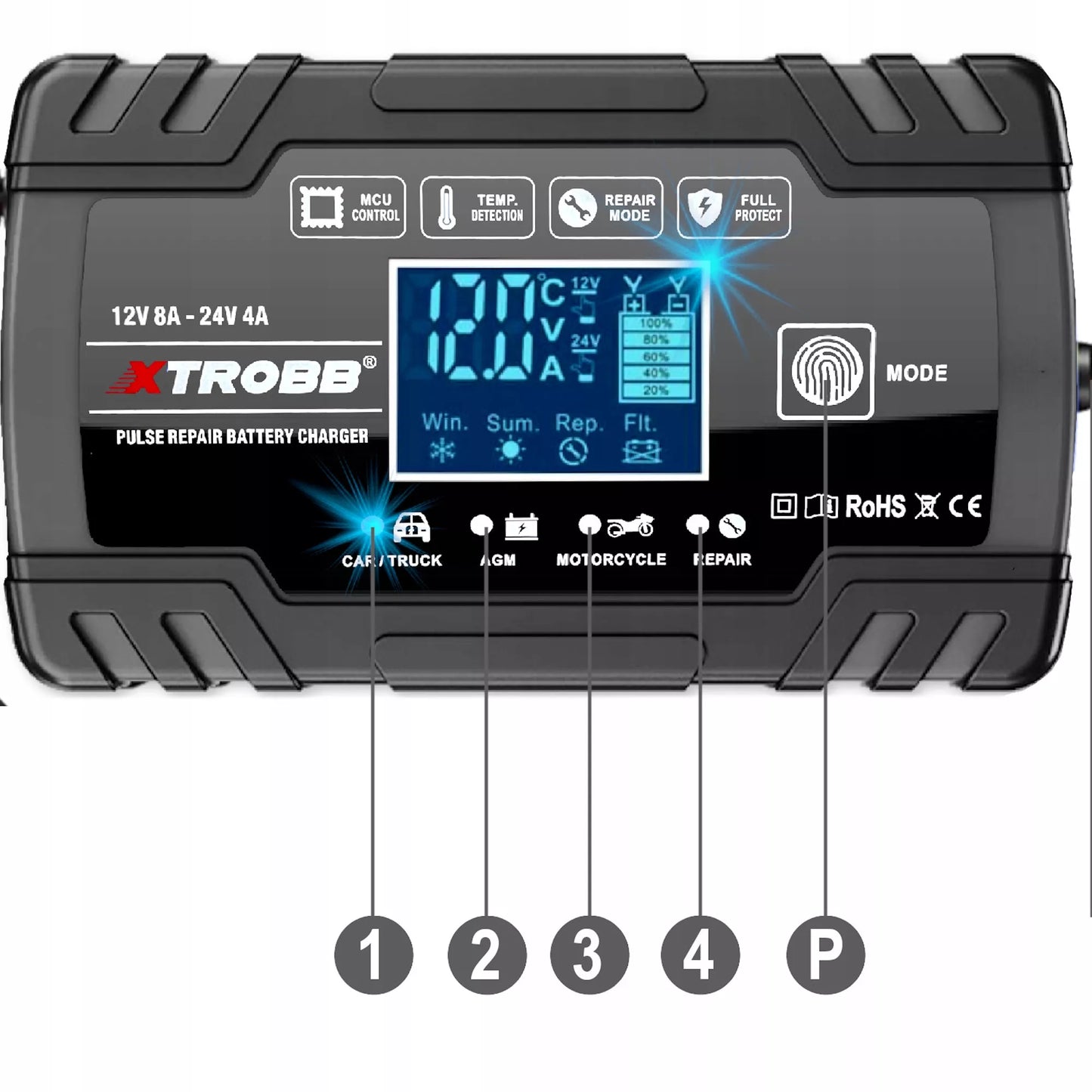 AUTOMATINIS AKUMULIATORIŲ KROVIKLIS SU JŲ TAIISYMO FUNKCIJA 12V 24V