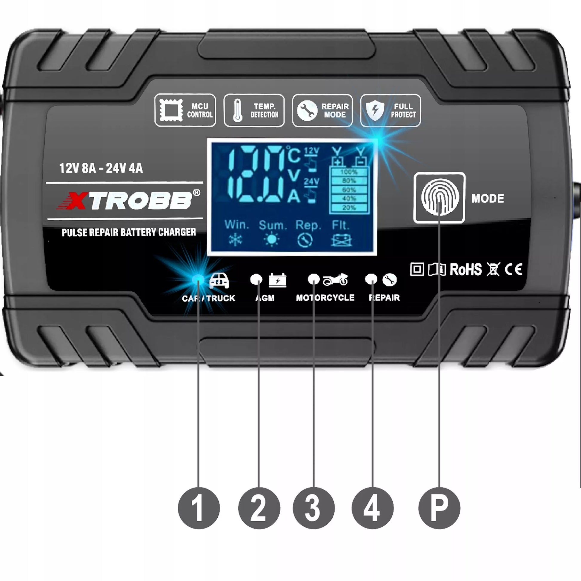 AUTOMATINIS AKUMULIATORIŲ KROVIKLIS SU JŲ TAIISYMO FUNKCIJA 12V 24V
