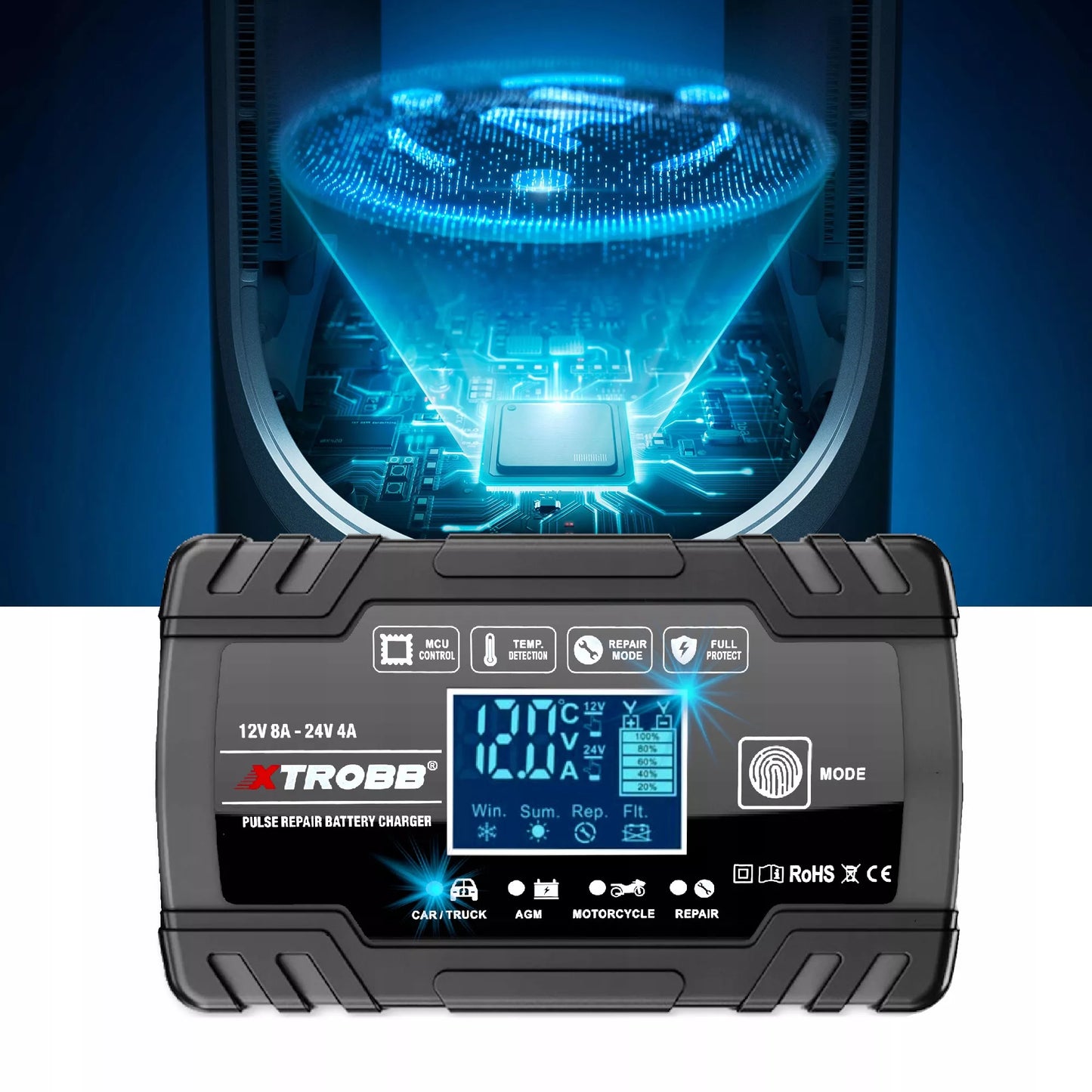 AUTOMATINIS AKUMULIATORIŲ KROVIKLIS SU JŲ TAIISYMO FUNKCIJA 12V 24V