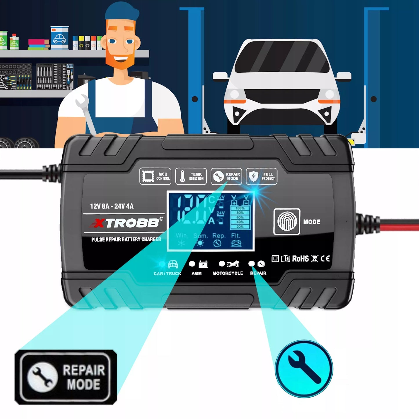 AUTOMATINIS AKUMULIATORIŲ KROVIKLIS SU JŲ TAIISYMO FUNKCIJA 12V 24V