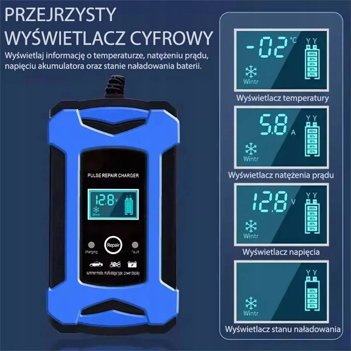 Automobilinis ir motociklinis akumuliatoriaus pakrovėjas, SKAITMENINIS, taiso akumuliatorių