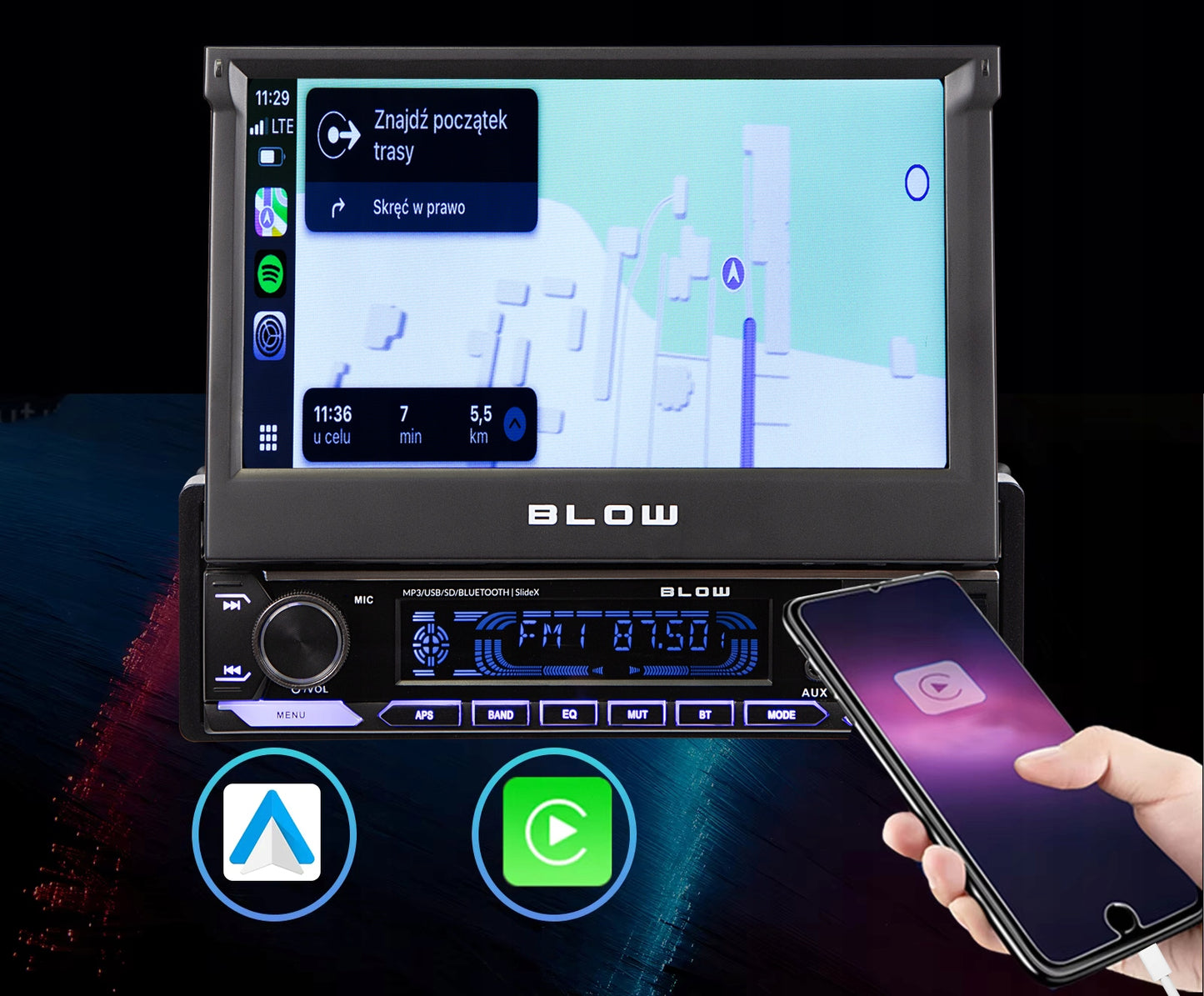 Automobilinis radijas 1-DIN, 7 colių, ištraukiamas lietimui jautrus ekranas, CarPlay, Android Auto