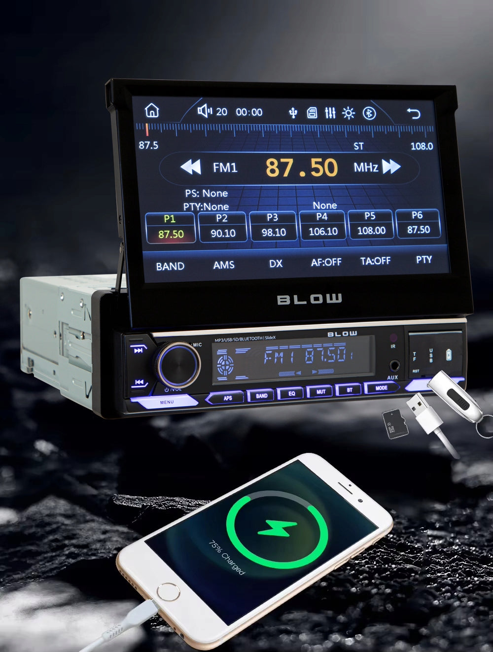 Automobilinis radijas 1-DIN, 7 colių, ištraukiamas lietimui jautrus ekranas, CarPlay, Android Auto