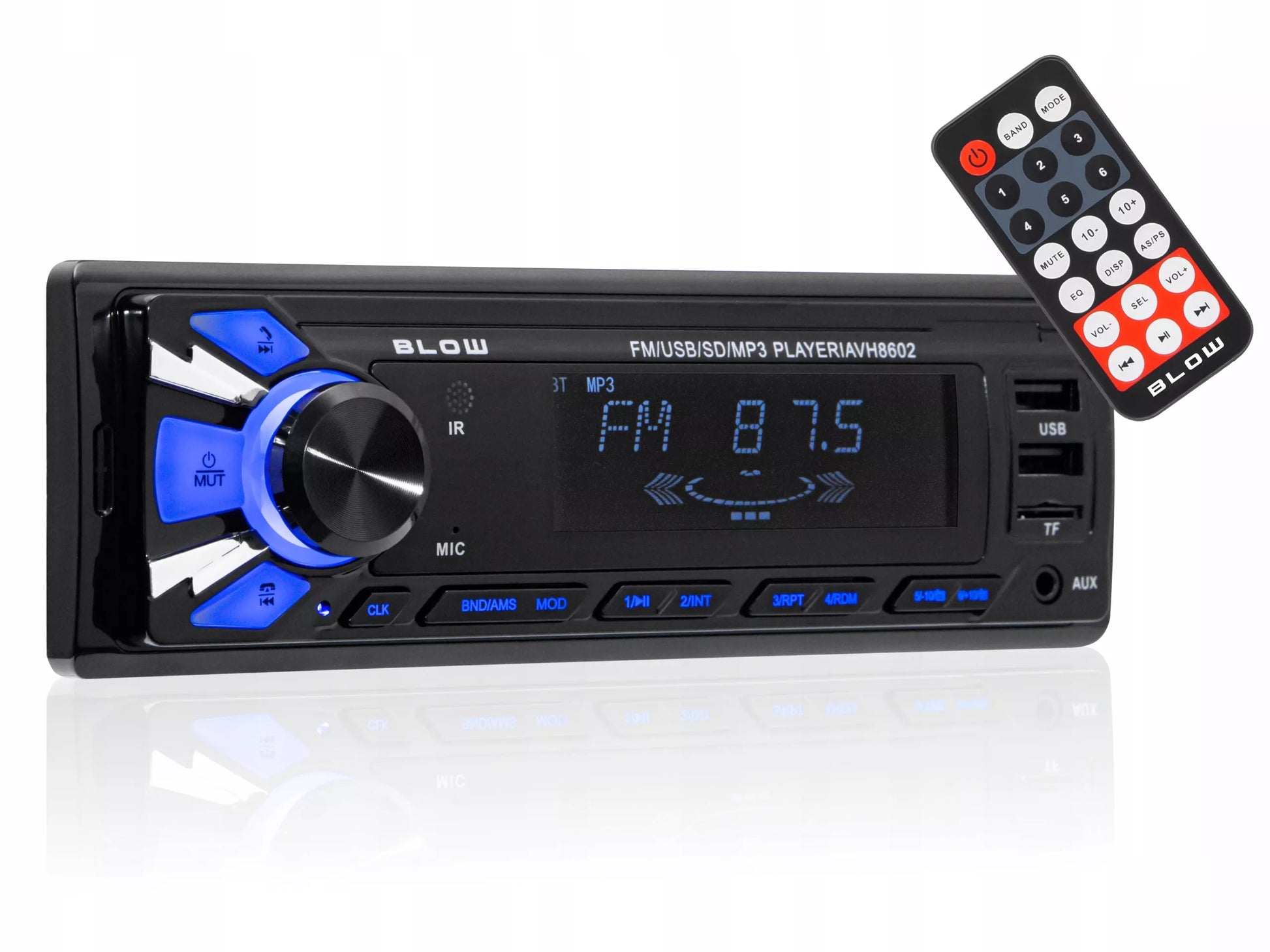 Automobilinis radijas 1-DIN BLUETOOTH 2x USB AUX SD MP3, nuotolinio valdymo pultelis, baterija, komplektas