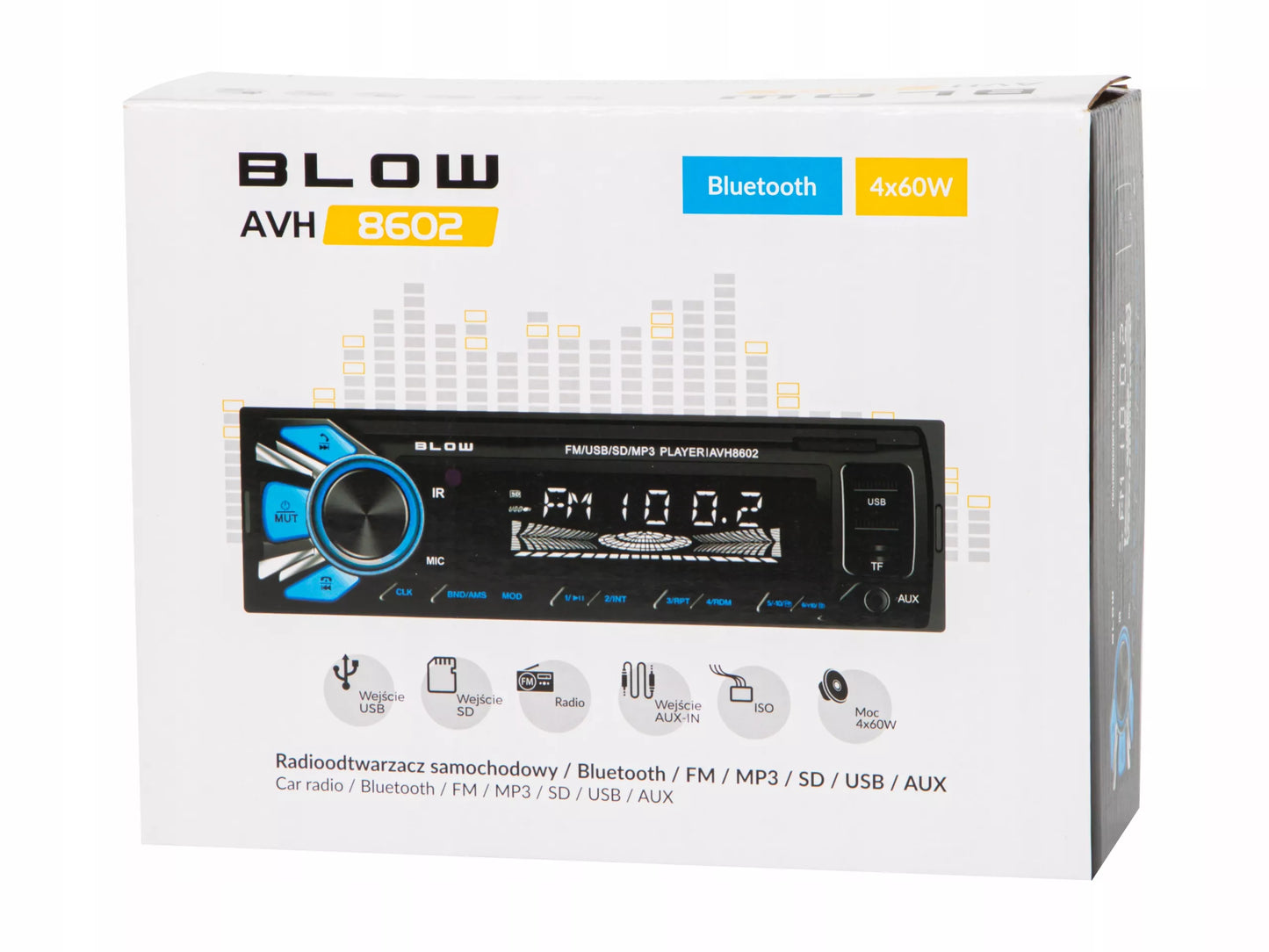 Automobilinis radijas 1-DIN BLUETOOTH 2x USB AUX SD MP3, nuotolinio valdymo pultelis, baterija, komplektas