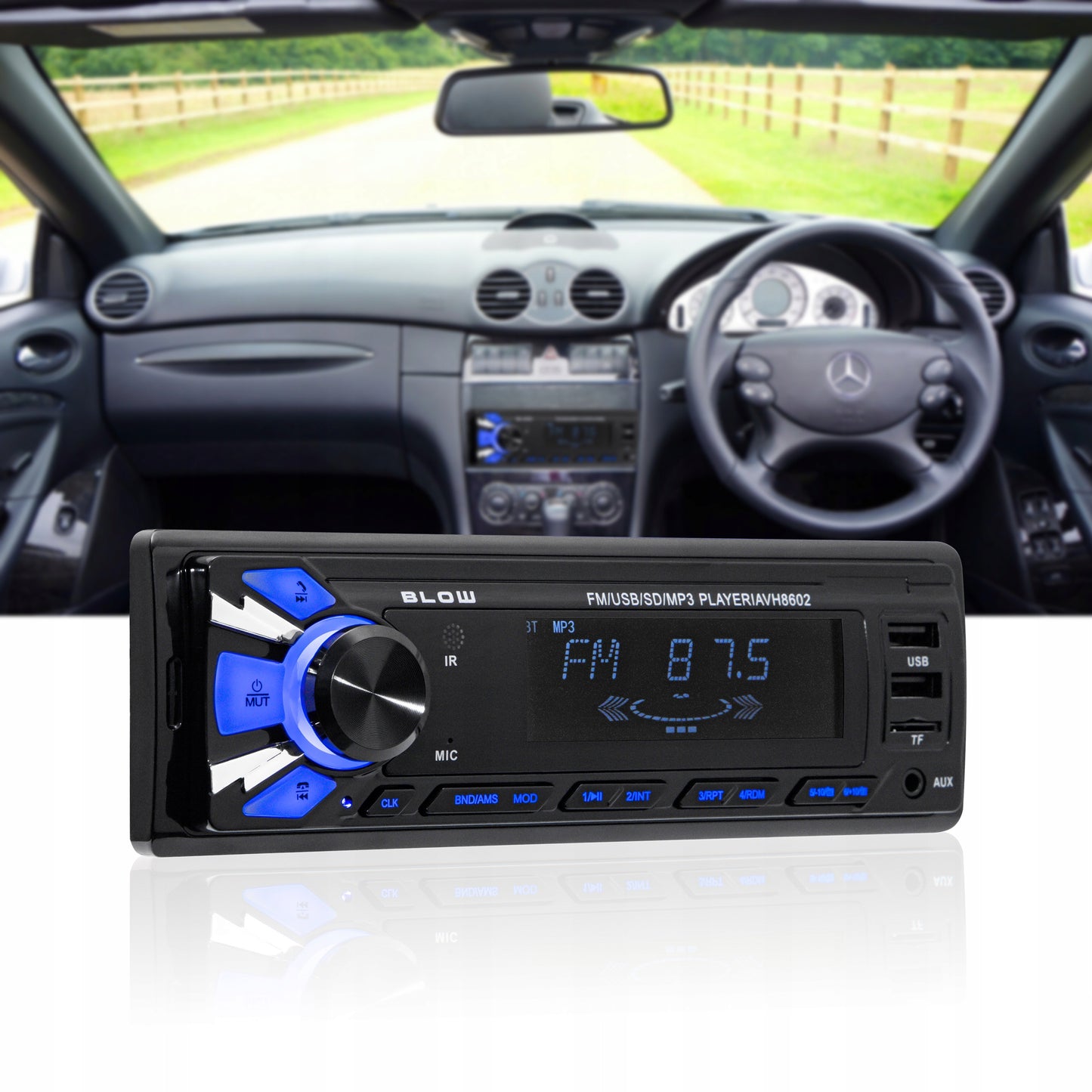 Automobilinis radijas 1-DIN BLUETOOTH 2x USB AUX SD MP3, nuotolinio valdymo pultelis, baterija, komplektas