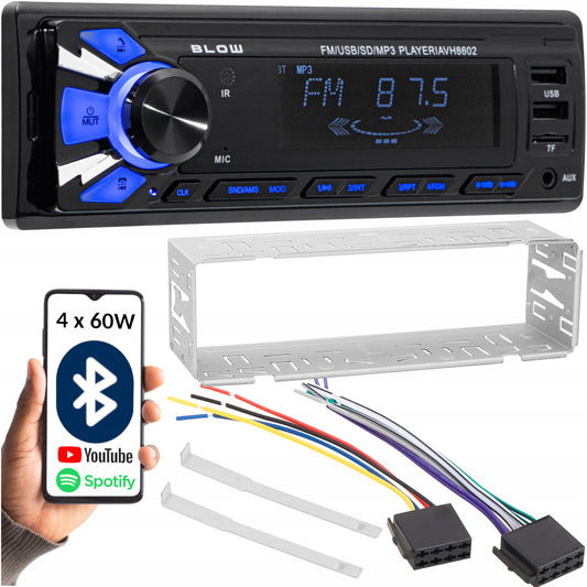 Automobilinis radijas 1-DIN BLUETOOTH 2x USB AUX SD MP3, nuotolinio valdymo pultelis, baterija, komplektas