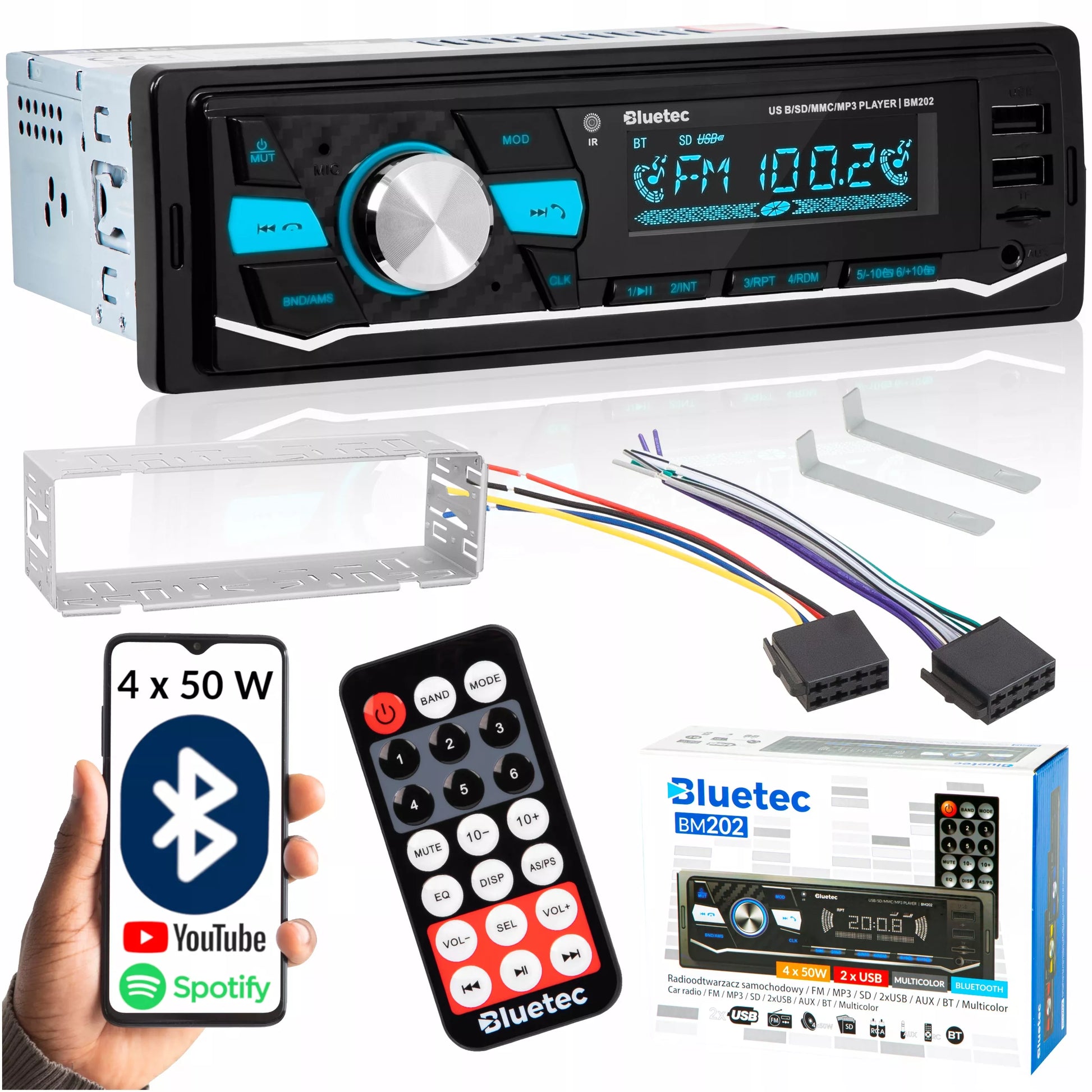 Automobilinis radijas 1-DIN Bluetooth 5.0 USB SD AUX MP3 Mikrofonas Nuotolinio valdymo pultelis Spalvos