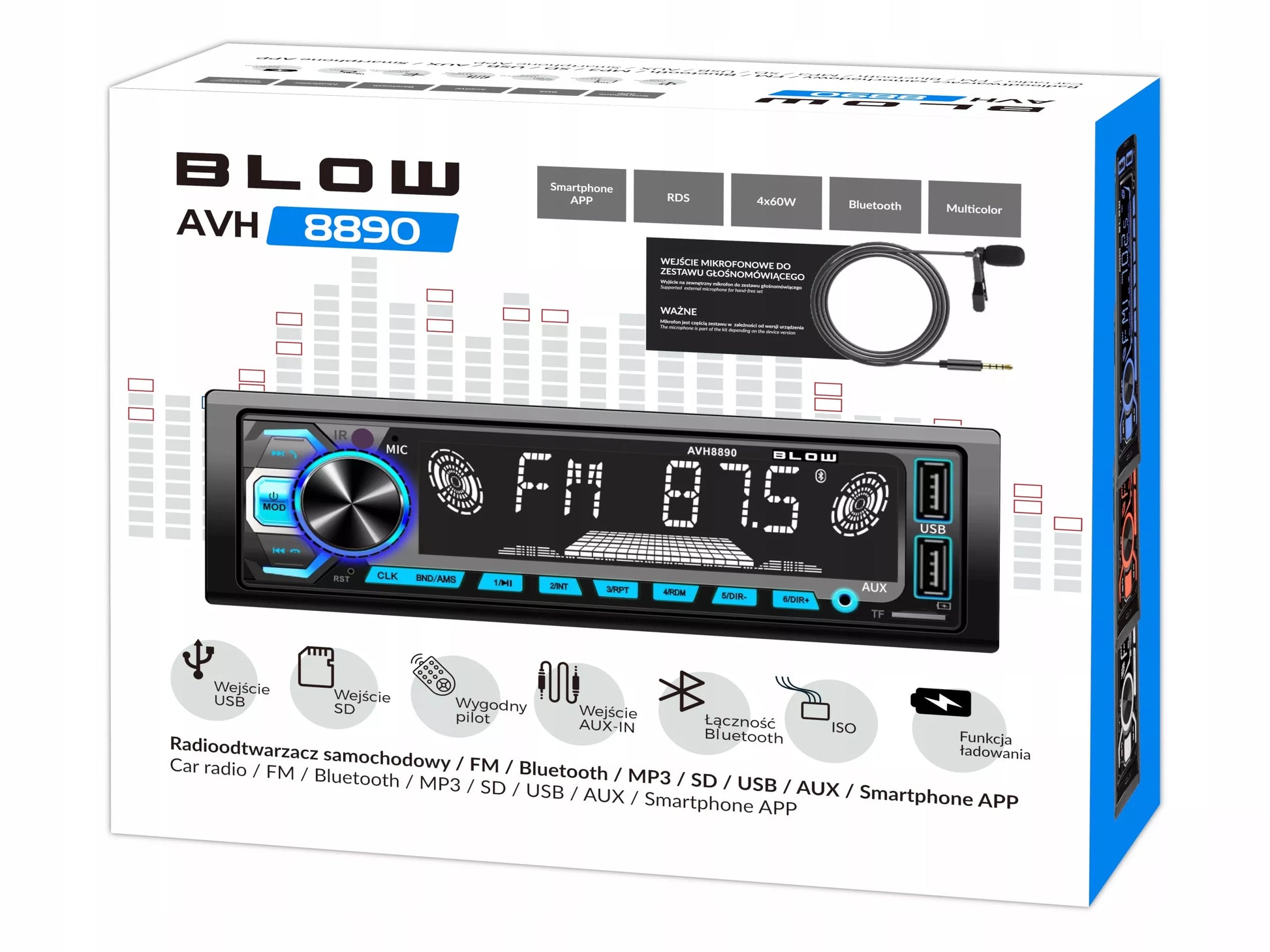 Automobilinis radijas 1-DIN Bluetooth USB SD RDS Spalvotas Rinkinys su pulteliu
