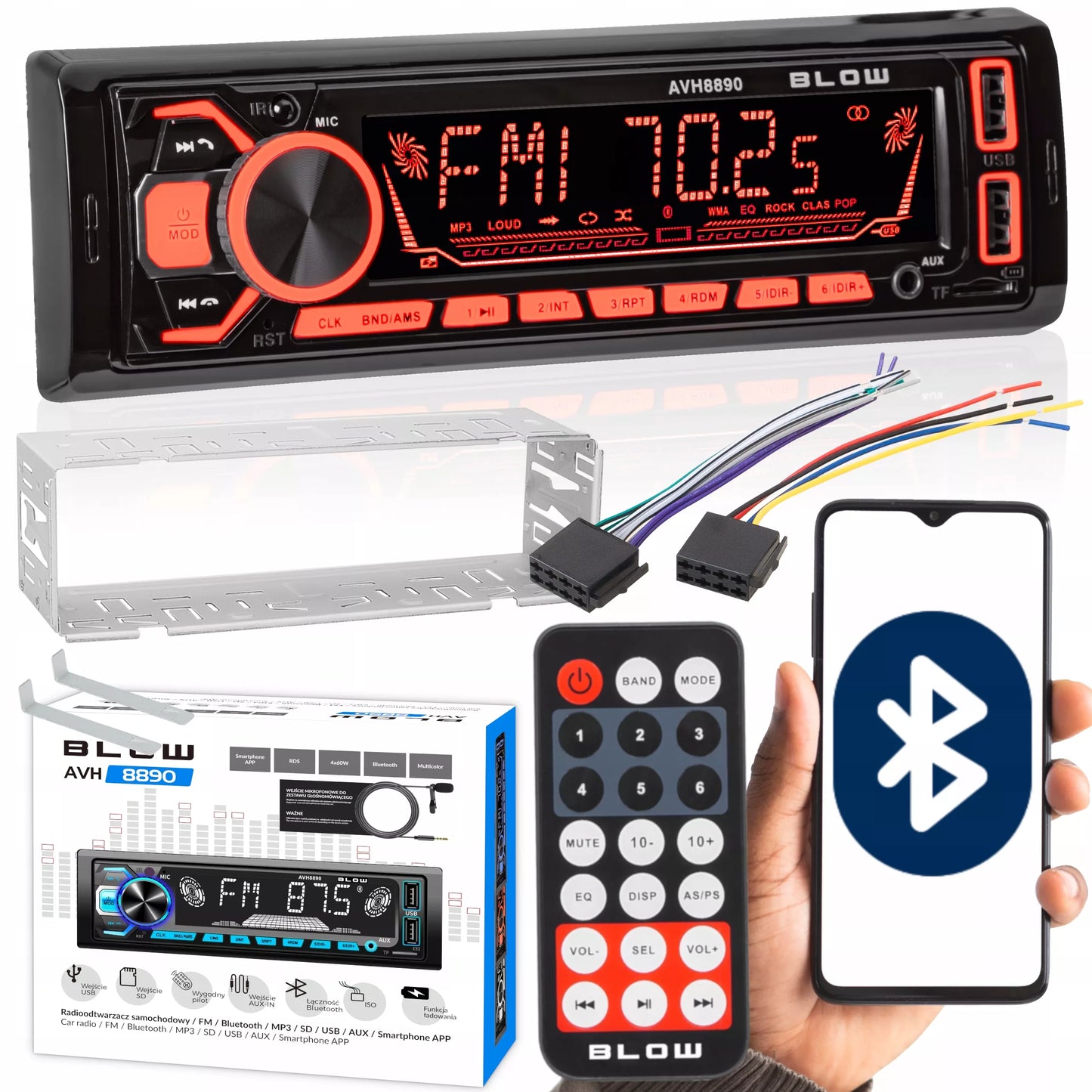 Automobilinis radijas 1-DIN Bluetooth USB SD RDS Spalvotas Rinkinys su pulteliu