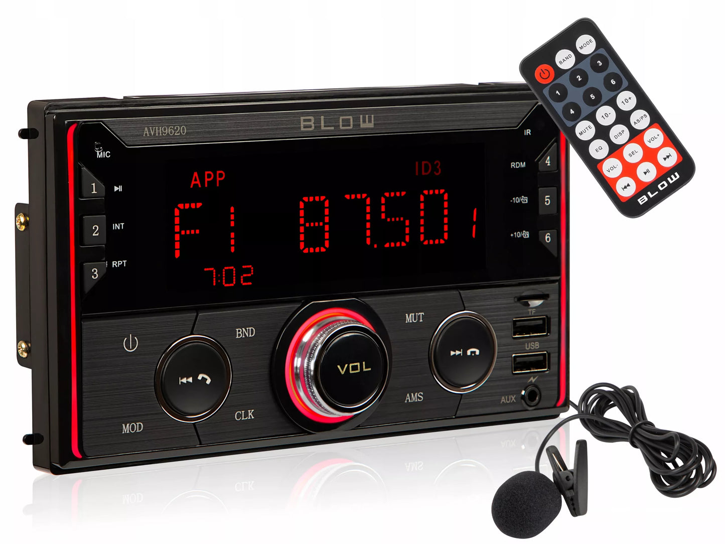Automobilinis radijas 2-DIN Bluetooth USB SD RDS LCD RGB su mikrofonu, pulteliu, rinkinys