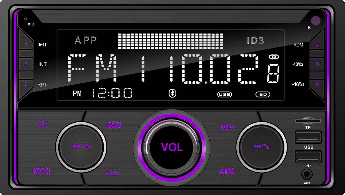 Automobilinis radijas 2-DIN Bluetooth USB SD RDS LCD RGB su mikrofonu, pulteliu, rinkinys