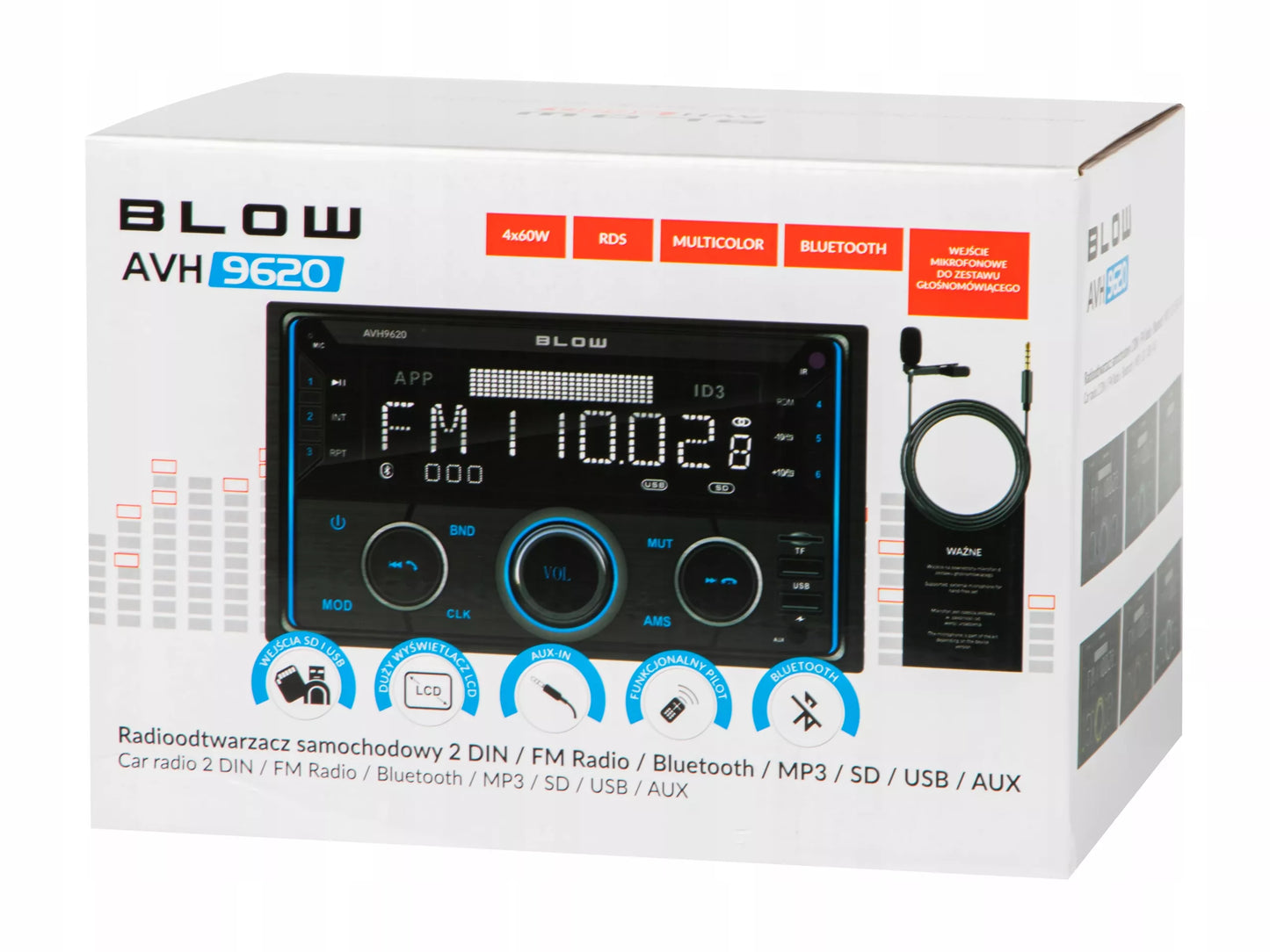 Automobilinis radijas 2-DIN Bluetooth USB SD RDS LCD RGB su mikrofonu, pulteliu, rinkinys