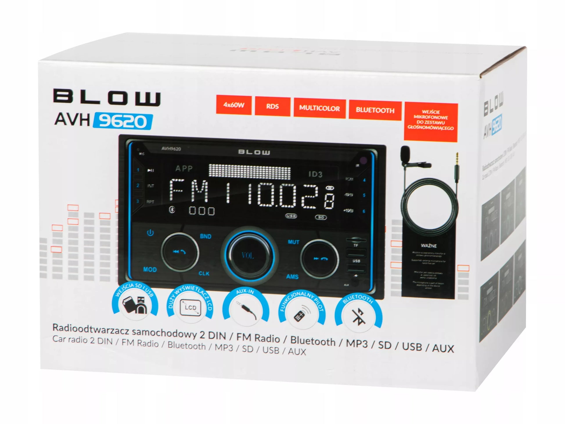 Automobilinis radijas 2-DIN Bluetooth USB SD RDS LCD RGB su mikrofonu, pulteliu, rinkinys