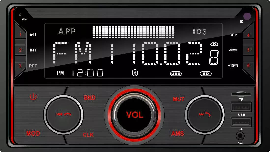 Automobilinis radijas 2-DIN Bluetooth USB SD RDS LCD RGB su mikrofonu, pulteliu, rinkinys