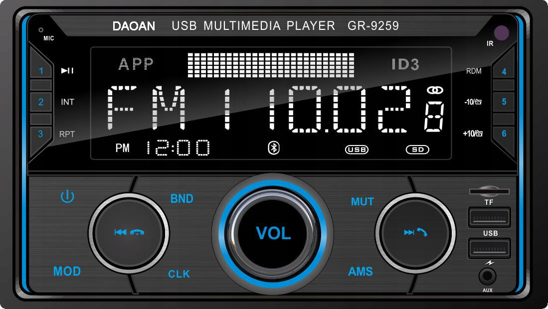 Automobilinis radijas 2-DIN Bluetooth USB SD RDS LCD RGB su mikrofonu, pulteliu, rinkinys