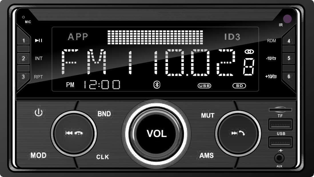 Automobilinis radijas 2-DIN Bluetooth USB SD RDS LCD RGB su mikrofonu, pulteliu, rinkinys