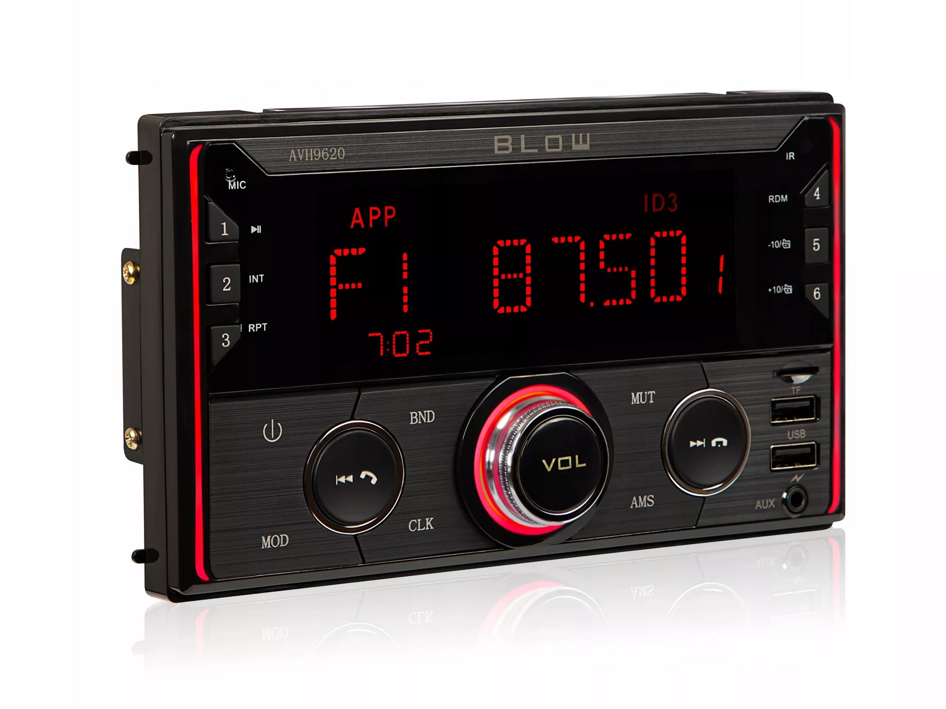 Automobilinis radijas 2-DIN Bluetooth USB SD RDS LCD RGB su mikrofonu, pulteliu, rinkinys
