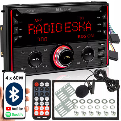 Automobilinis radijas 2-DIN Bluetooth USB SD RDS LCD RGB su mikrofonu, pulteliu, rinkinys