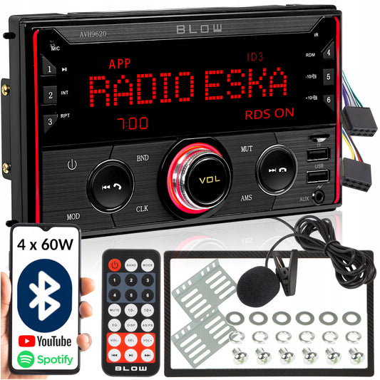 Automobilinis radijas 2-DIN Bluetooth USB SD RDS LCD RGB su mikrofonu, pulteliu, rinkinys